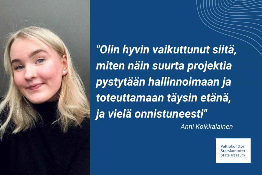 Kuva blogin kirjoittajasta, jossa sitaatti "Olin hyvin vaikuttunut siitä, miten näin suurta projektia pystytään hallinnoimaan ja toteuttamaan täysin etänä, ja vielä onnistuneesti".