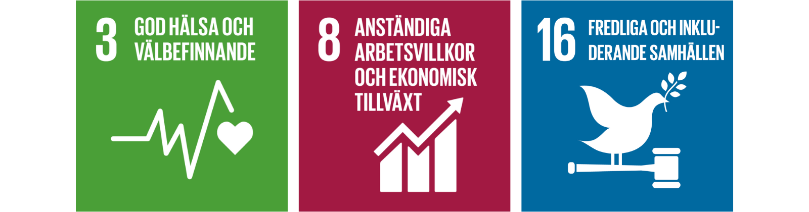 SDG Mål 3, 8 16 logotyper