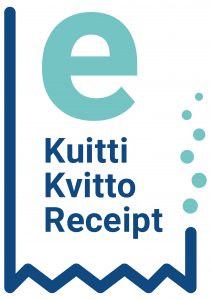 eKuitin kuitinmallinen logo, missä on e-kirjain ja lukee kuitti suomeksi, ruotsiksi ja englanniksi