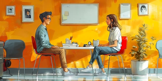Mies ja nainen keskustelemassa pöydän ääressä