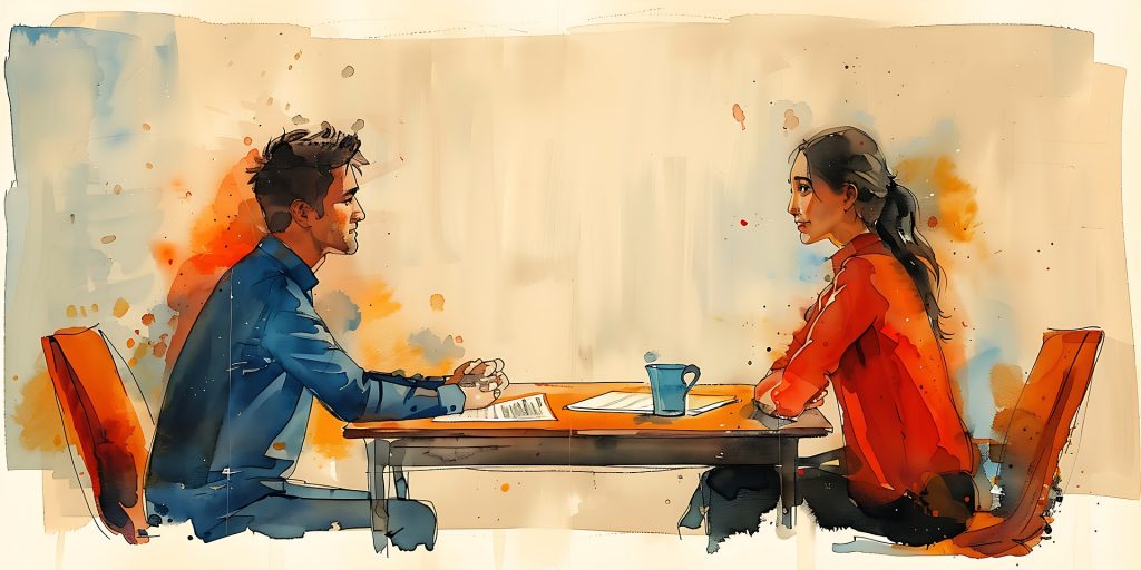 Kaksi ihmistä keskustelee pöydän ääressä. Kuva: Pixabay