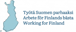 Valtion henkilöstöstrategian logo. Kuva Suomen pohjakartasta ja teksti " Työtä Suomen parhaaksi. Arbete för Finlands bästa. Working for Finland."