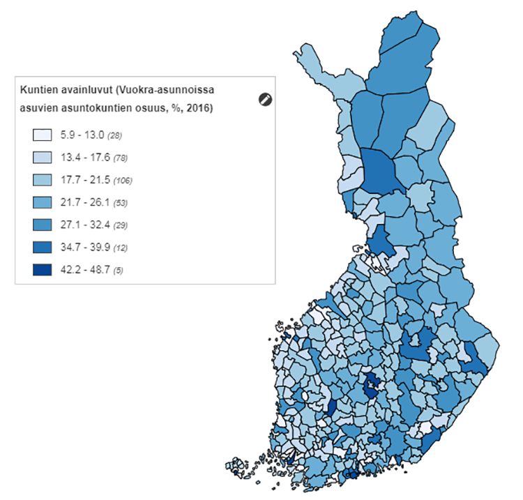 teemakartta vuokralla asuvien osuudesta kunnittain