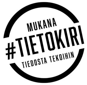 Mukana Tietokirissä -tunnus, verkkosivuille tai esitysmateriaaliin, mustavalkoinen