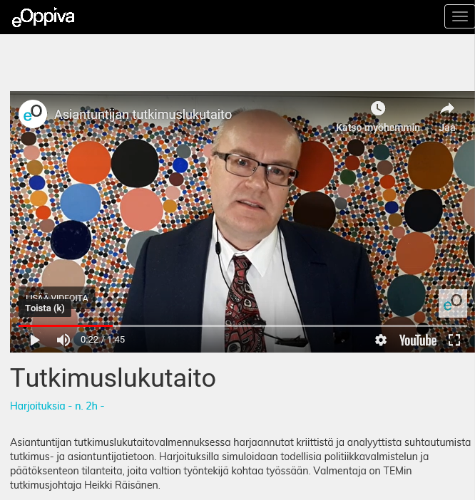 Kuvakaappaus eOppivan sivuilta: Tutkimuslukutaito-kurssi